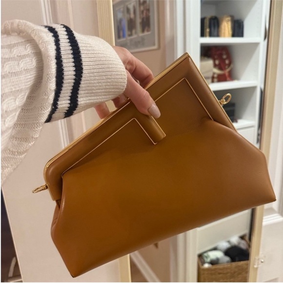 FENDI First Midi Nappa Leather Clutch Brown Camel Gold Hardware - Picture 11 of 12
